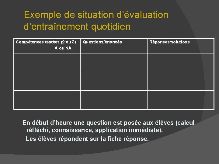 Exemple de situation d’évaluation d’entraînement quotidien Compétences testées (2 ou 3) A ou NA