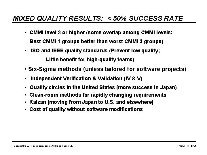 MIXED QUALITY RESULTS: < 50% SUCCESS RATE • CMMI level 3 or higher (some