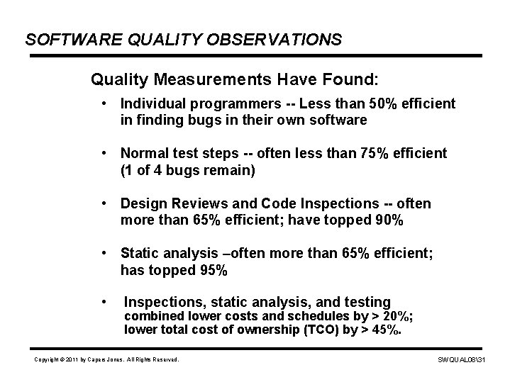 SOFTWARE QUALITY OBSERVATIONS Quality Measurements Have Found: • Individual programmers -- Less than 50%