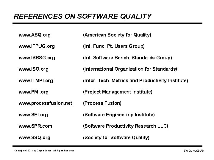 REFERENCES ON SOFTWARE QUALITY www. ASQ. org (American Society for Quality) www. IFPUG. org