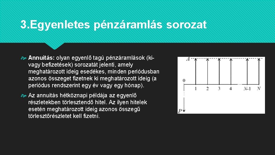 3. Egyenletes pénzáramlás sorozat Annuitás: olyan egyenlő tagú pénzáramlások (kivagy befizetések) sorozatát jelenti, amely