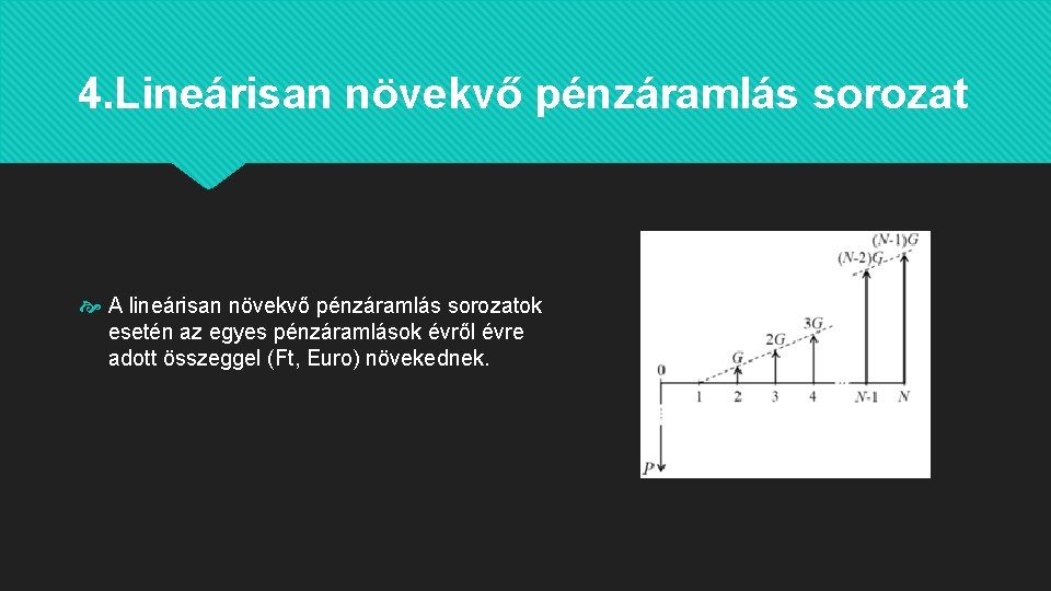 4. Lineárisan növekvő pénzáramlás sorozat A lineárisan növekvő pénzáramlás sorozatok esetén az egyes pénzáramlások