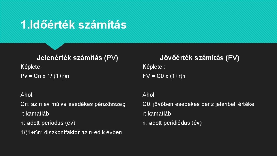 1. Időérték számítás Jelenérték számítás (PV) Jövőérték számítás (FV) Képlete: Képlete : Pv =