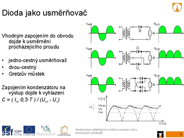 Dioda jako usměrňovač Vhodným zapojením do obvodu dojde k usměrnění procházejícího proudu • jedno-cestný