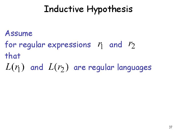Inductive Hypothesis Assume for regular expressions and that and are regular languages 37 