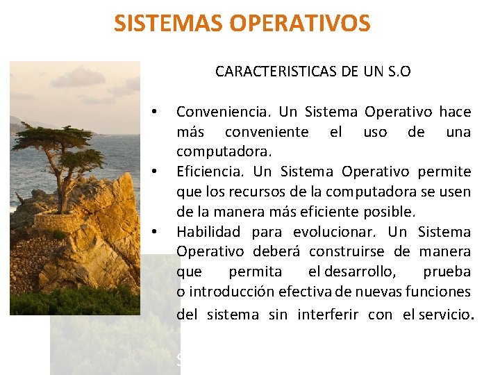 SISTEMAS OPERATIVOS CARACTERISTICAS DE UN S. O • • • Conveniencia. Un Sistema Operativo