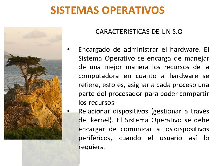 SISTEMAS OPERATIVOS CARACTERISTICAS DE UN S. O • • Encargado de administrar el hardware.