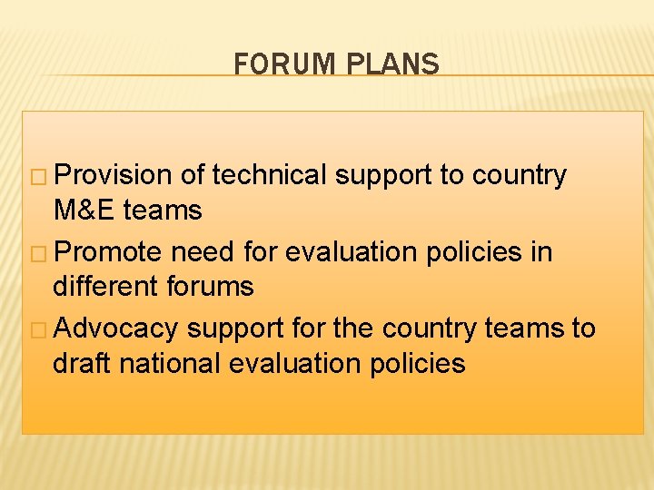 FORUM PLANS � Provision of technical support to country M&E teams � Promote need