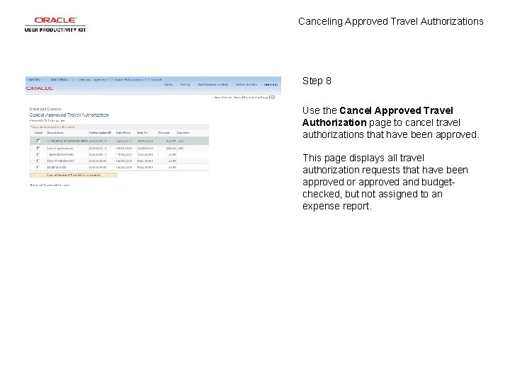 Canceling Approved Travel Authorizations Step 8 Use the Cancel Approved Travel Authorization page to