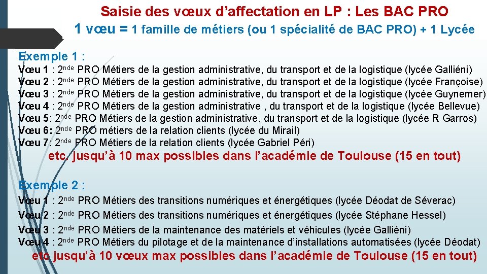 Saisie des vœux d’affectation en LP : Les BAC PROCEDURE u. D’métiers AFFECTATIOUNUUN 1