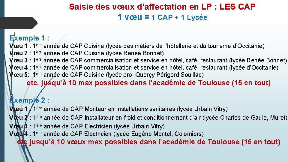 Saisie des vœux d’affectation en LP : LES CAP PROCEDURE u. D’ uun. N