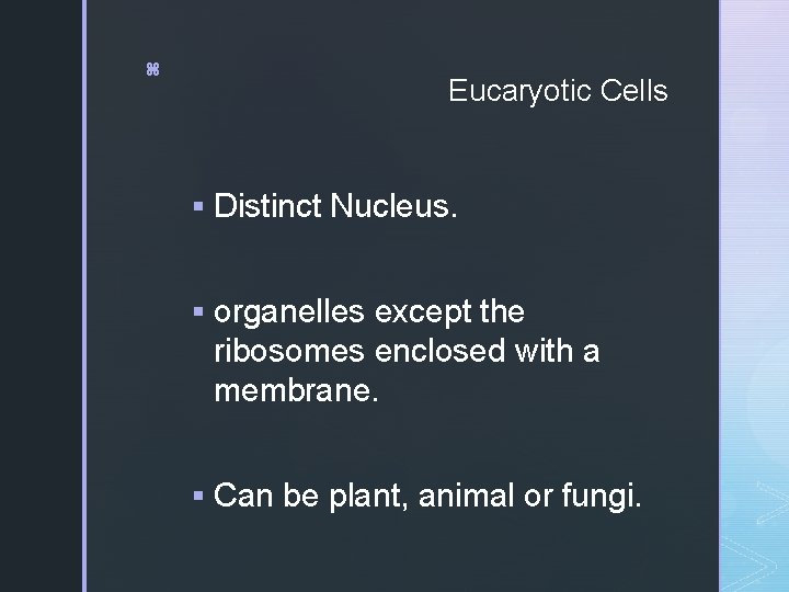 z Eucaryotic Cells § Distinct Nucleus. § organelles except the ribosomes enclosed with a