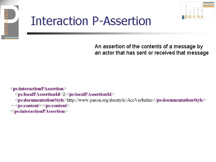 Interaction P-Assertion An assertion of the contents of a message by an actor that