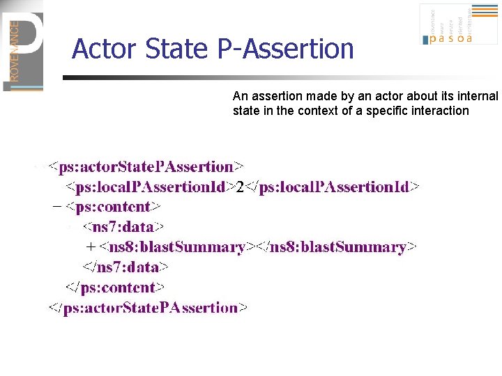 Actor State P-Assertion An assertion made by an actor about its internal state in