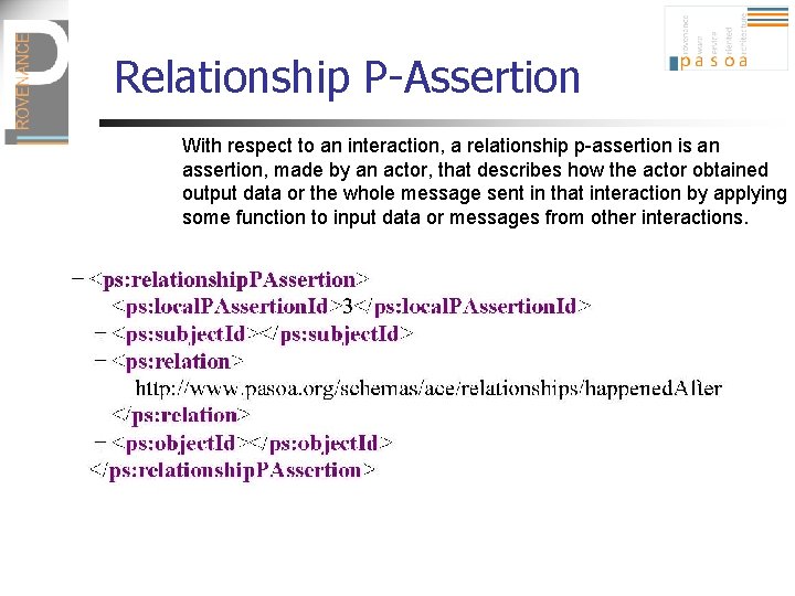 Relationship P-Assertion With respect to an interaction, a relationship p-assertion is an assertion, made