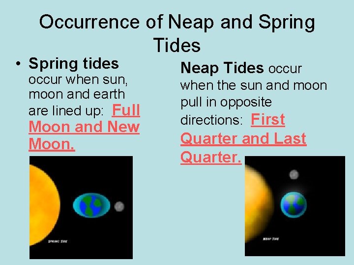 Occurrence of Neap and Spring Tides • Spring tides occur when sun, moon and