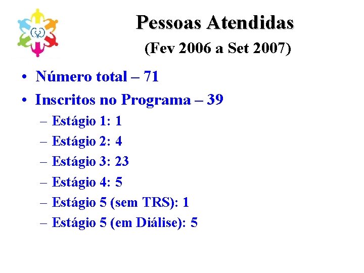 Pessoas Atendidas (Fev 2006 a Set 2007) • Número total – 71 • Inscritos
