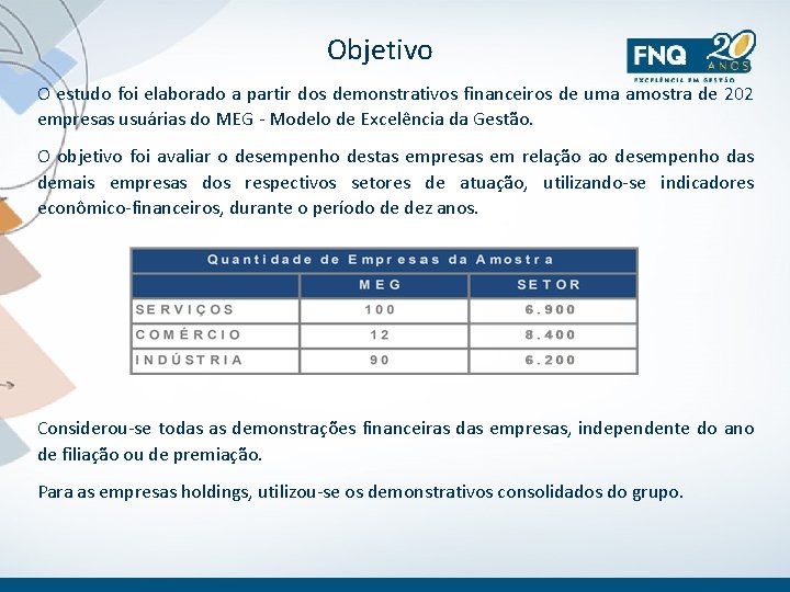 Objetivo O estudo foi elaborado a partir dos demonstrativos financeiros de uma amostra de