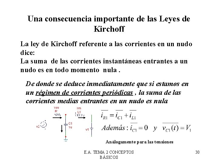 Una consecuencia importante de las Leyes de Kirchoff La ley de Kirchoff referente a