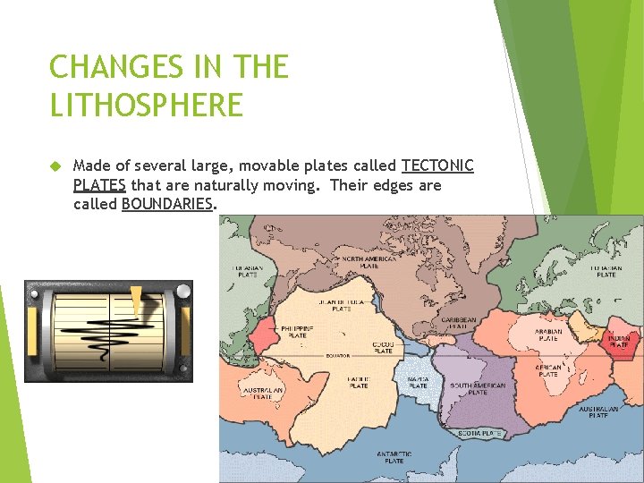 CHANGES IN THE LITHOSPHERE Made of several large, movable plates called TECTONIC PLATES that