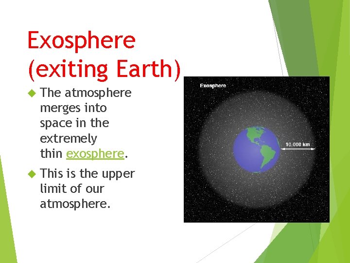 Exosphere (exiting Earth) The atmosphere merges into space in the extremely thin exosphere. This