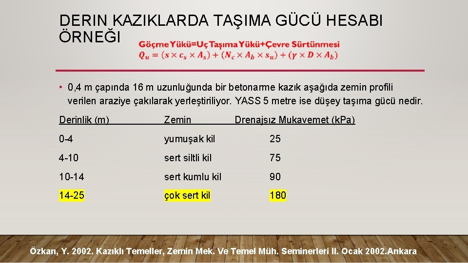 DERIN KAZIKLARDA TAŞIMA GÜCÜ HESABI ÖRNEĞI • 0, 4 m çapında 16 m uzunluğunda