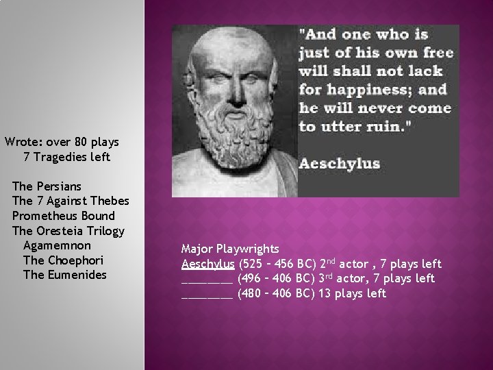 Wrote: over 80 plays 7 Tragedies left The Persians The 7 Against Thebes Prometheus