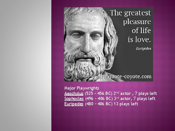 Major Playwrights Aeschylus (525 – 456 BC) 2 nd actor , 7 plays left