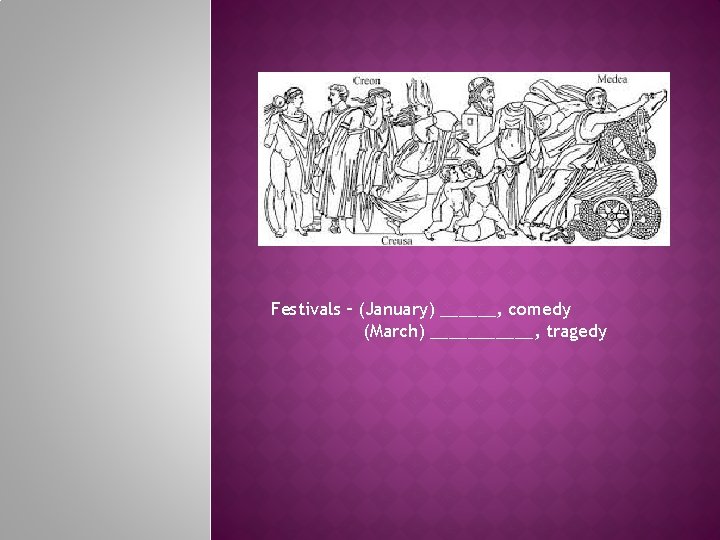 Festivals – (January) ______, comedy (March) ______, tragedy 