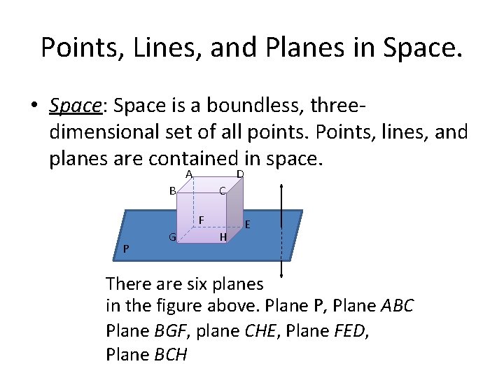 Points, Lines, and Planes in Space. • Space: Space is a boundless, threedimensional set