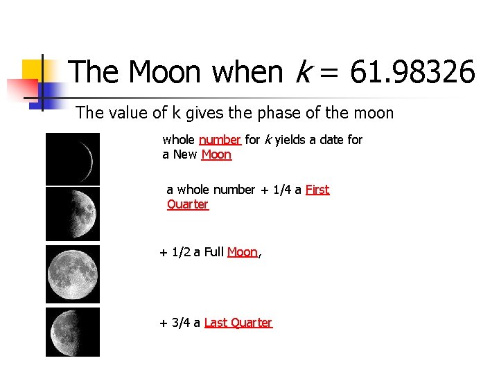 The Moon when k = 61. 98326 The value of k gives the phase