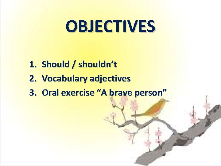 OBJECTIVES 1. 2. 3. Should / shouldn’t Vocabulary adjectives Oral exercise “A brave person”