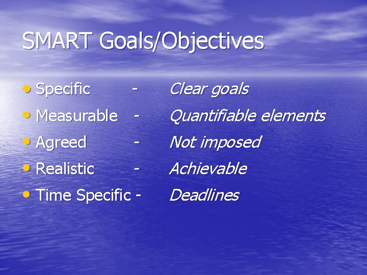 SMART Goals/Objectives · Specific • Measurable • Agreed • Realistic • Time Specific -