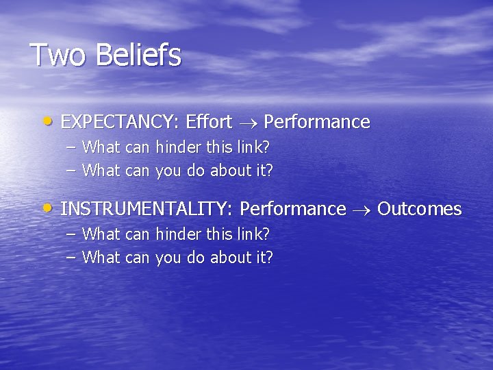 Two Beliefs • EXPECTANCY: Effort Performance – What can hinder this link? – What