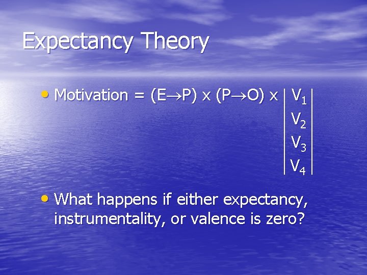 Expectancy Theory • Motivation = (E P) x (P O) x V 1 V