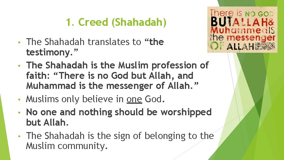 1. Creed (Shahadah) • • • The Shahadah translates to “the testimony. ” The 1. Creed (Shahadah) • • • The Shahadah translates to “the testimony. ” The