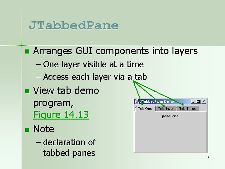 JTabbed. Pane n Arranges GUI components into layers – One layer visible at a