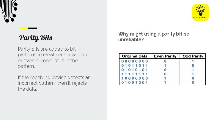 Parity Bits Parity bits are added to bit patterns to create either an odd