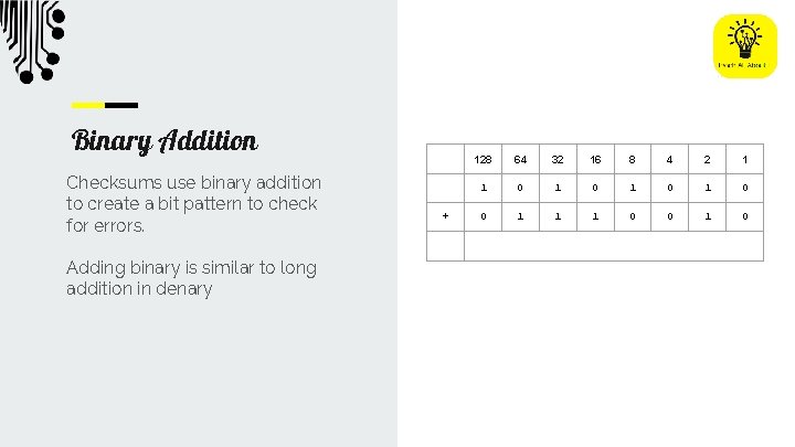 Binary Addition Checksums use binary addition to create a bit pattern to check for