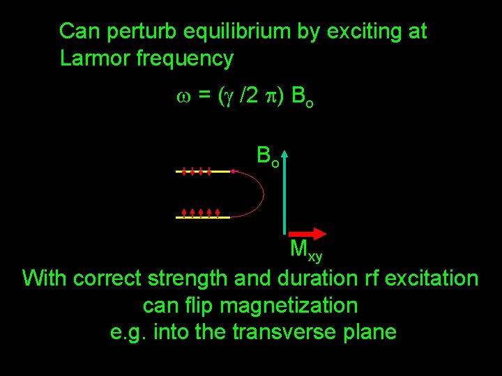 Can perturb equilibrium by exciting at Larmor frequency w = (g /2 p) Bo