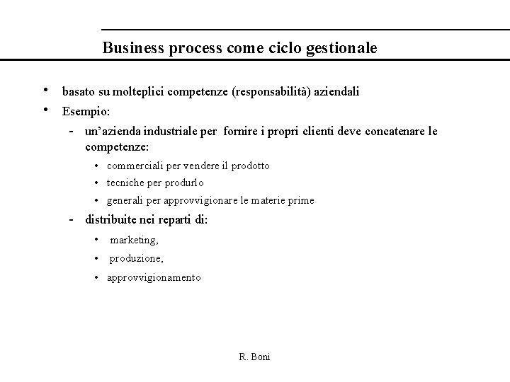 Business process come ciclo gestionale • basato su molteplici competenze (responsabilità) aziendali • Esempio: