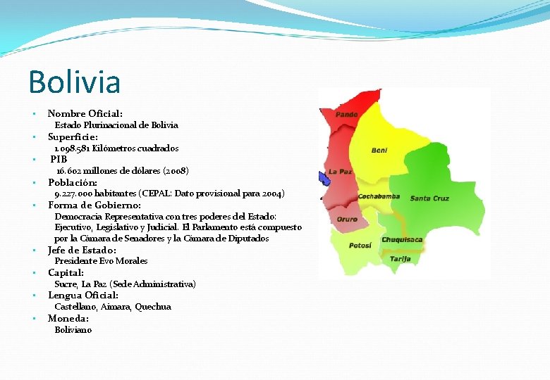 Bolivia • Nombre Oficial: Estado Plurinacional de Bolivia • Superficie: 1. 098. 581 Kilómetros