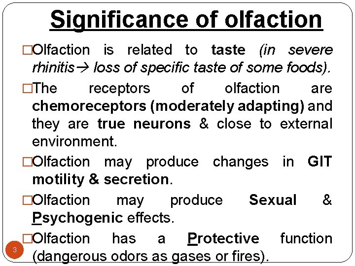 Significance of olfaction �Olfaction 3 is related to taste (in severe rhinitis loss of