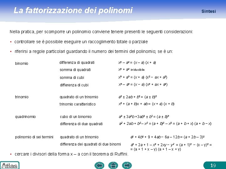 La fattorizzazione dei polinomi Sintesi Nella pratica, per scomporre un polinomio conviene tenere presenti