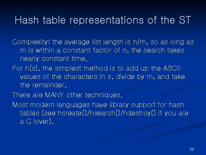Hash table representations of the ST Complexity: the average list length is n/m, so