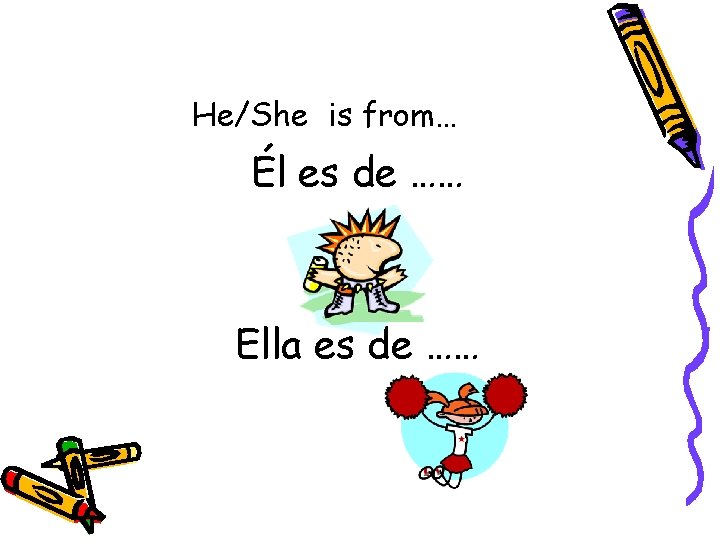 He/She is from… Él es de …… Ella es de …… 
