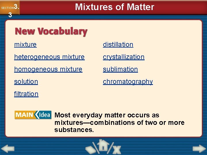 3. SECTION 3 Mixtures of Matter mixture distillation heterogeneous mixture crystallization homogeneous mixture sublimation