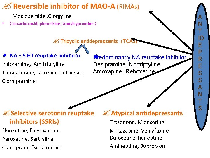 ? Reversible inhibitor of MAO-A (RIMAs) Moclobemide , Clorgyline • (Isocarboxacid, phenelzine, tranylcypromine. )