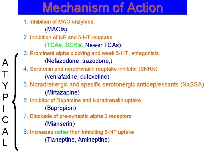 Mechanism of Action 1. Inhibition of MAO enzymes. (MAOIs). A T Y P I