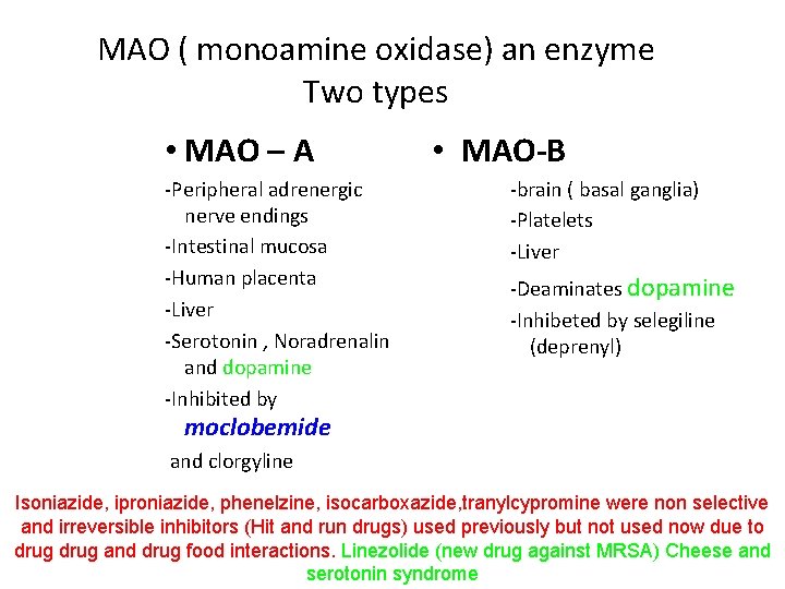MAO ( monoamine oxidase) an enzyme Two types • MAO – A -Peripheral adrenergic